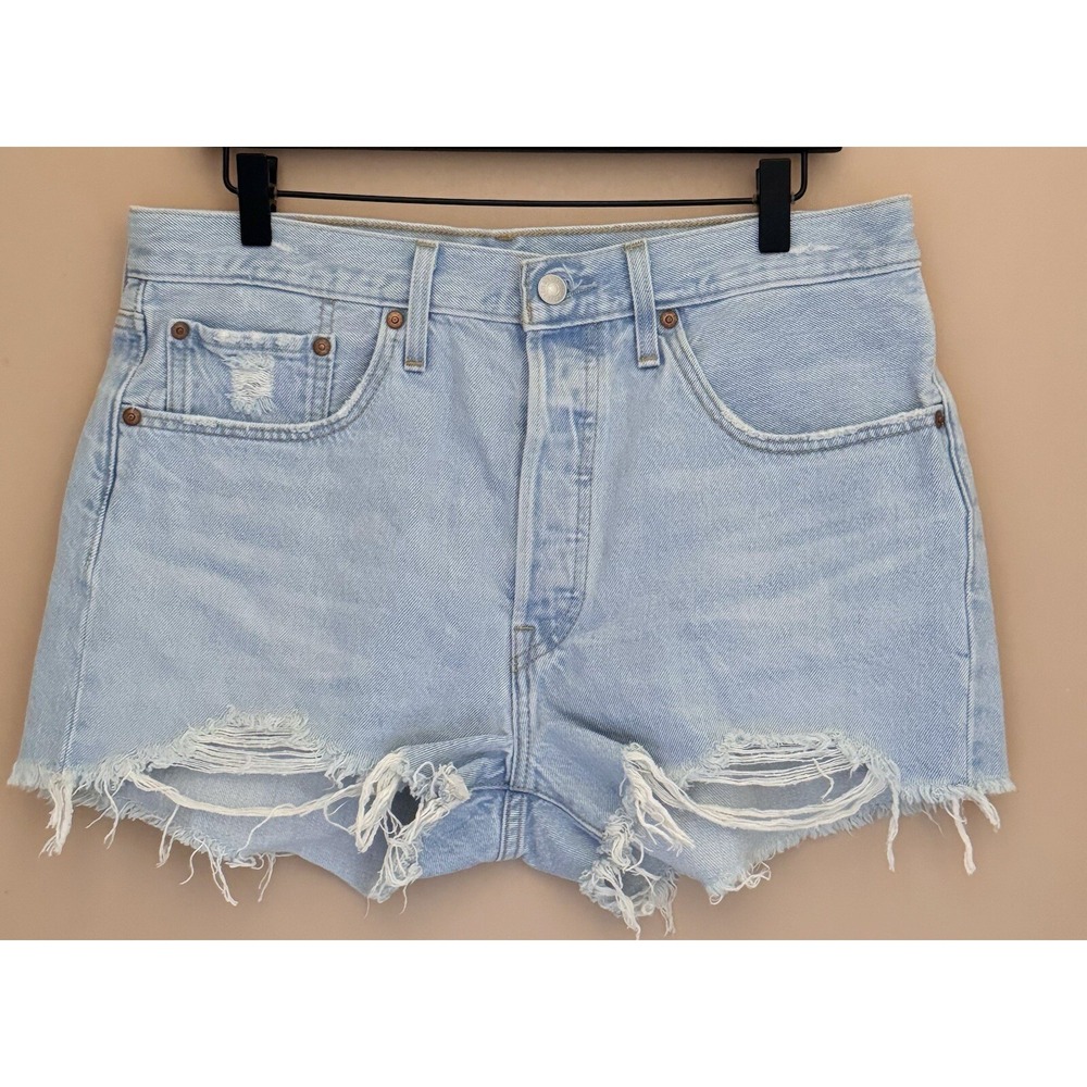 501 LEVI'S Shorts Womens 31 Light Blue 12"RisePremium Cotton Cut-Off Distressed